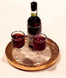 Dollhouse Miniature Red Wine Bottle W/2 Filled Glasses On Tray